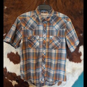 Wrangler Blue and Brown Casual Button Down Shirt